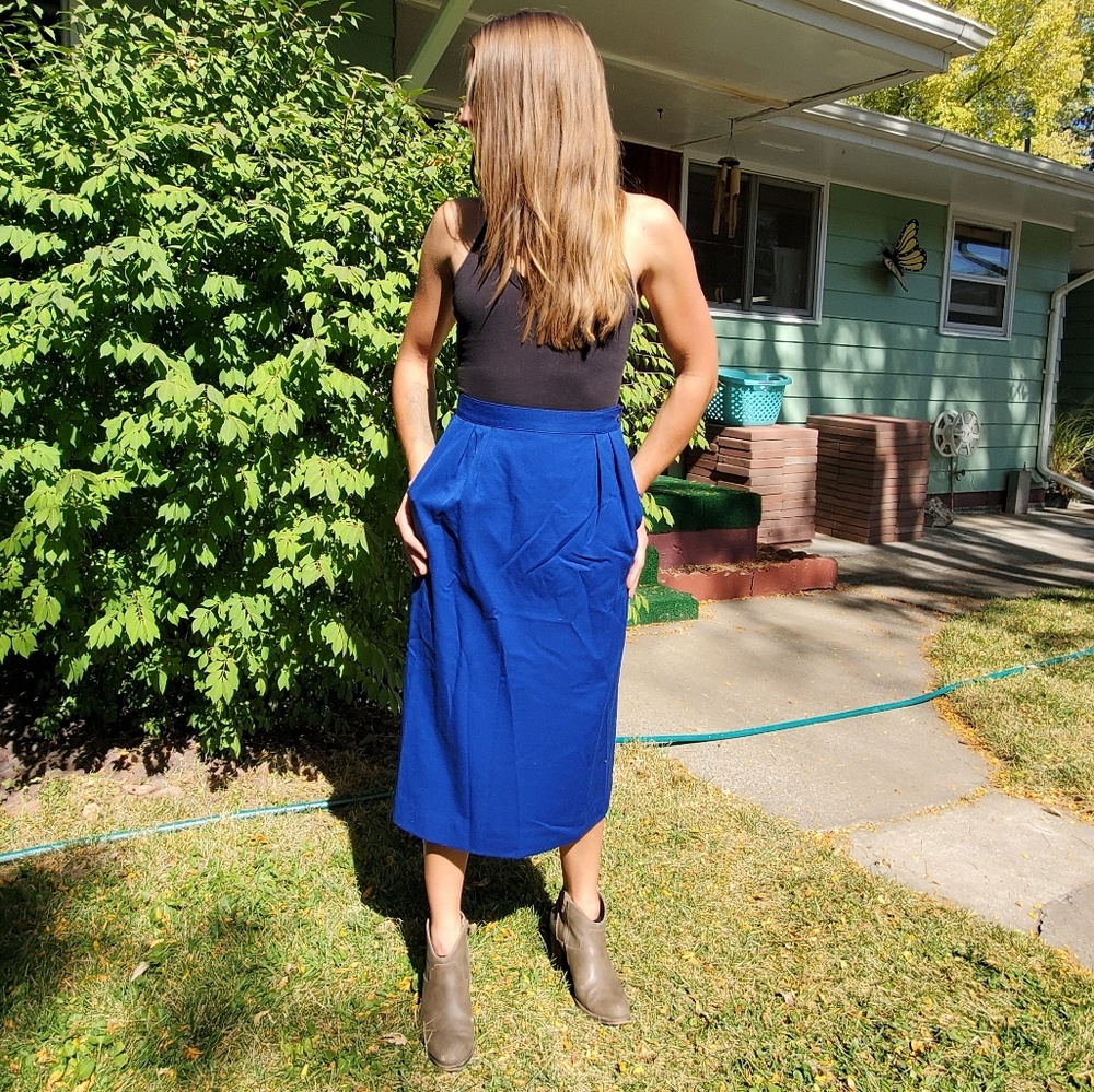 Vintage 100% Wool Blue Pencil Skirt W/Pockets